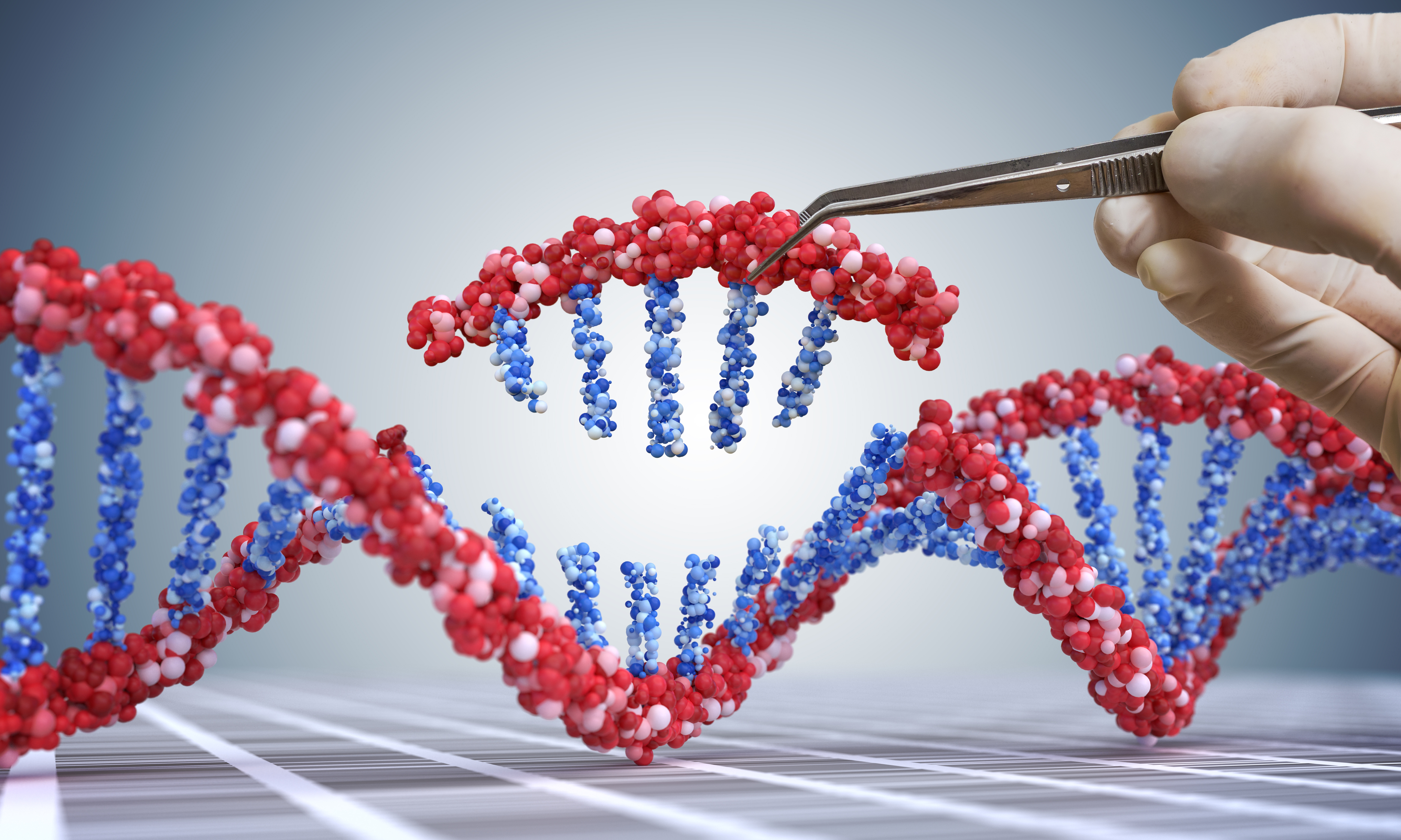 Gloved hand editing DNA double helix with tweezers 